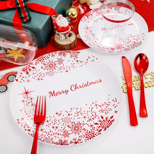 LIYH Red and White Christmas Dinnerware Set 150 Pcs Disposable Plates Cutlery Cups