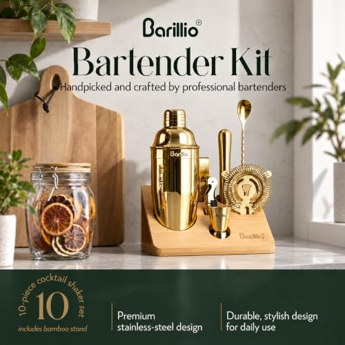 Gold Bartender Kit - 10-Piece Cocktail Shaker Set with Bamboo Stand, Mixology Tools
