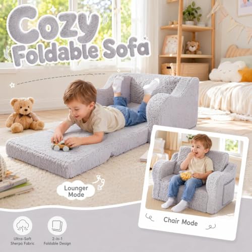Kids 2-in-1 Foldable Sherpa Sofa Chair - Flip-Out Lounger Couch, Grey