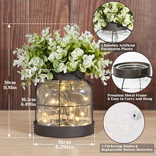 Vintage Glass Farmhouse Vase & Lantern Centerpiece with LED Lights