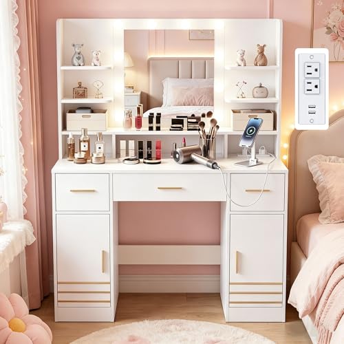42-Inch Makeup Vanity Desk with LED Lighted Mirror, Power Outlet & Storage
