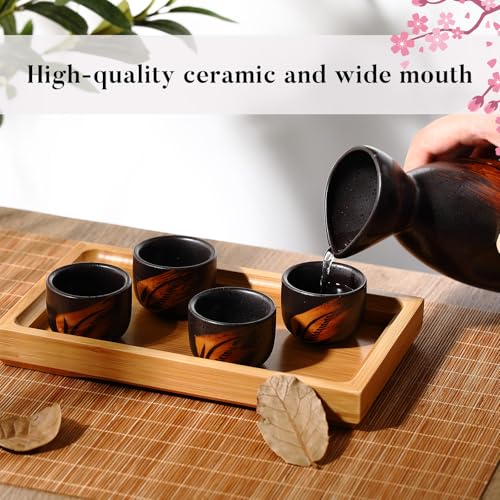 Skyley Japanese Ceramic Sake Set with Wooden & Grass Tray, 6 Pcs