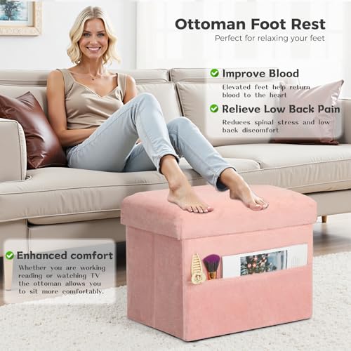 Foldable Faux Fur Storage Ottoman, Padded Foot Rest Stool, 17-Inch Pink