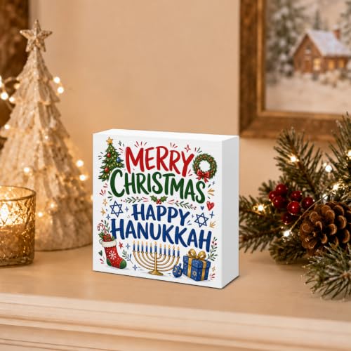 Happy Hanukkah & Christmas Holiday Decorations Wooden Sign - Festive Seasonal Decor
