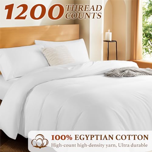 Luxury 100% Cotton King Duvet Cover Set, 1200 Thread Count, White