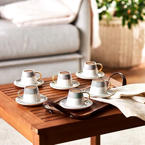 KARACA Globe Turkish Coffee Cup Set of 6 - 80ml Small Espresso Cups with Saucers, Gold Handles, Black Pattern, Porcelain, Ideal for Turkish, Greek & Arabic Coffee