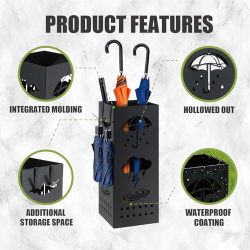 Metal Umbrella Stand with Hooks - Modern Vertical Storage for Entryway