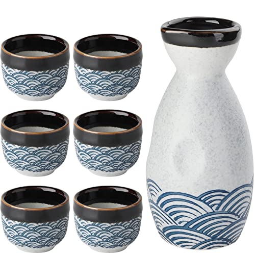 Gray Ceramic Sake Set of 7 with 1 Bottle & 6 Cups - Japanese Culture Gift