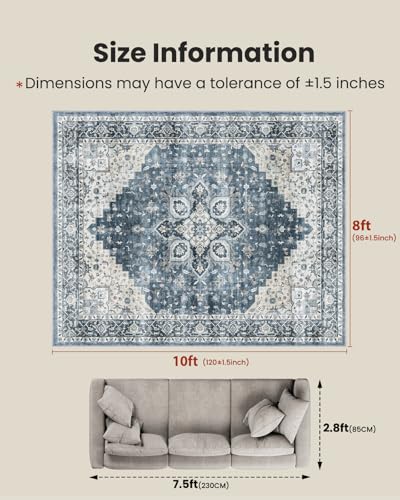 8x10 Vintage Washable Area Rug - Non-Slip Blue Rug for Living Room