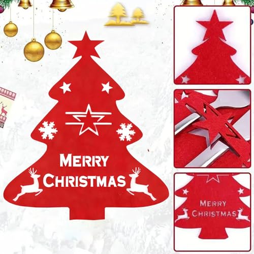 Dudodikor 4Pcs Christmas Silverware & Placemat Set Red & Green Tree Design