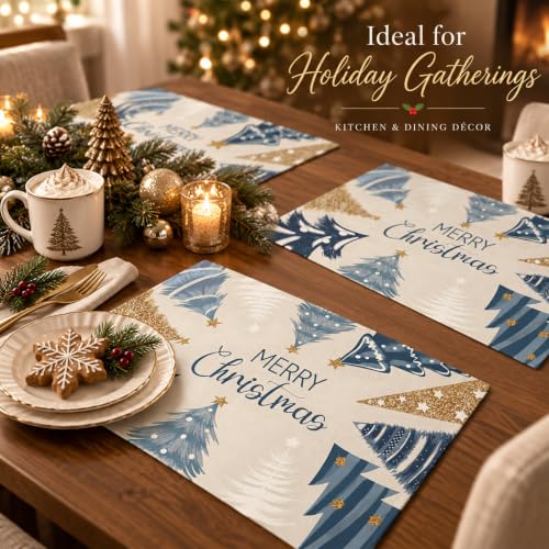 Merry Christmas Placemats Set of 4 - 12x18 in with Christmas Trees (Blue/White) by Taskoge