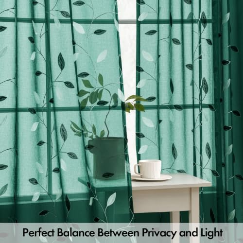 MIULEE Hunter Green Leaf Pattern Sheer Curtains 52x84 in | Set of 2