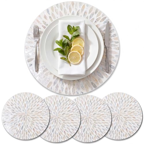 Ferrochef 4 Pack 11.8'' White Mother of Pearl Shell Leaf Placemats - Handcrafted Boho Farmhouse Table Decor for Weddings & Holidays