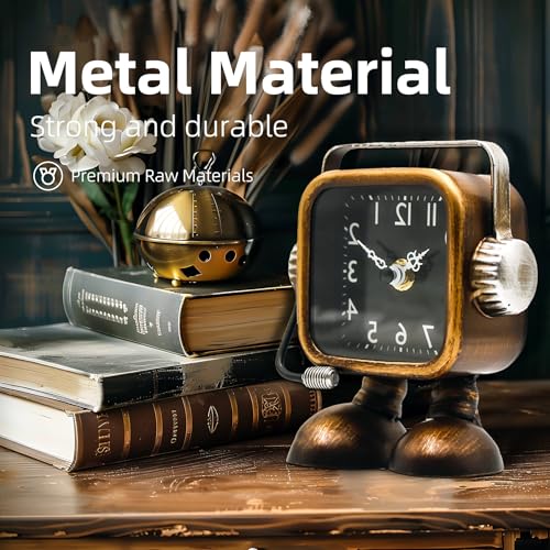 Retro Steampunk Robot Desk Clock, Silent Metal Industrial Shelf Decor