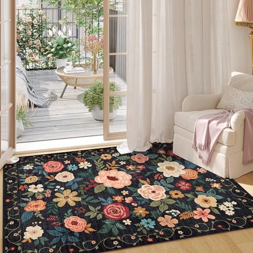 2x3 Floral Washable Indoor Door Mat - Non-Slip Low Pile Entryway Rug