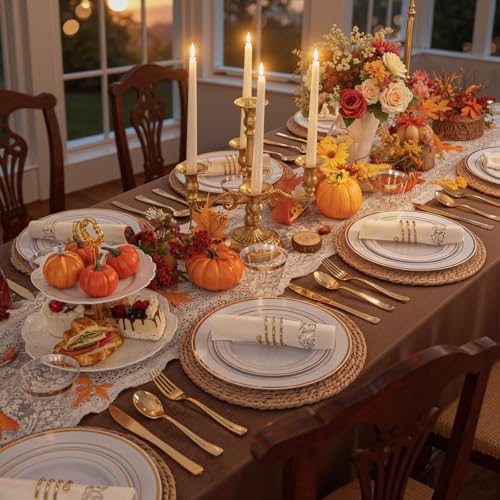 White & Gold 350-Piece Disposable Dinnerware Set for 50 Guests – 50 Dinner Plates, 50 Dessert Plates, 50 Forks, 50 Knives, 50 Spoons, 50 Napkins, 50 Cups (Roll-Up Napkins) - WDF Partyware