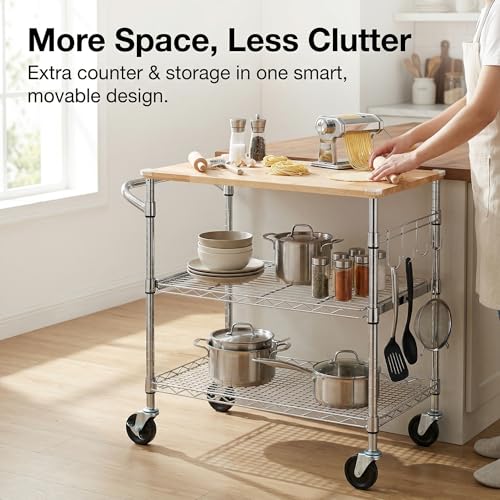3-Tier Rolling Kitchen Cart with Oak Wood Top, Utility Island with Wheels