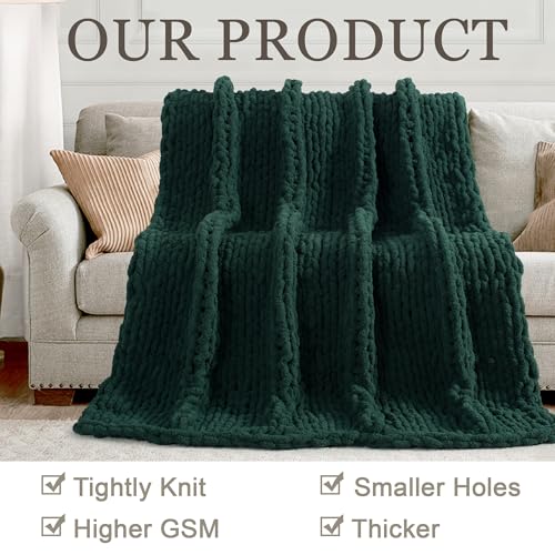 LONG CREATE Dark Green Chunky Knit Throw Blanket 60x80 in - 100% Handmade Chenille