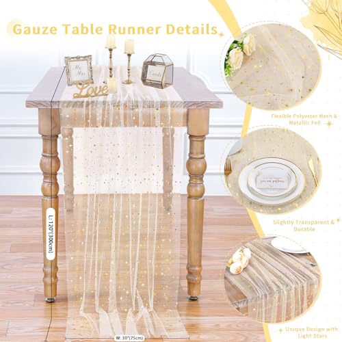 Beige Gold Gauze Table Runner 10ft with Metallic Foil Sparkle – 3pcs, 29x120