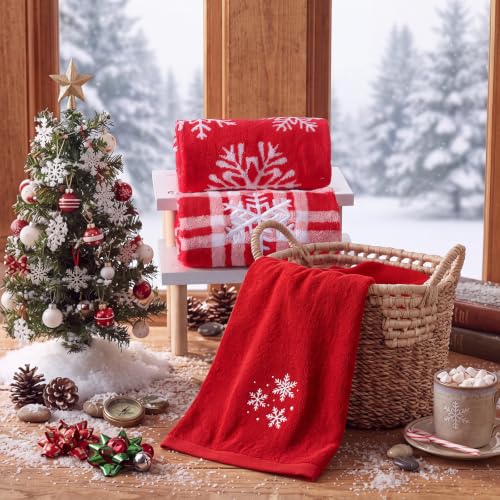 SmoothNovelty 3 Pcs Christmas Hand Towels - Red Snowflake Embroidered Set, 13.78 x 29.53 in