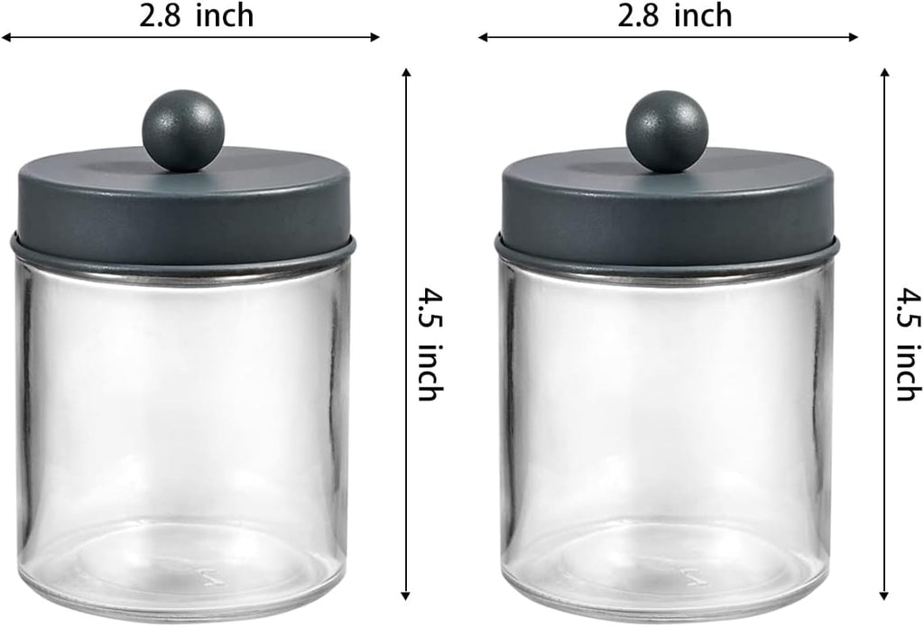 Amolliar Apothecary Jars - Stylish Bathroom Storage Organizer | Glass Canister Set with Lid for Q-Tips, Cotton Swabs & Makeup Accessories - Grey (2 Pack)