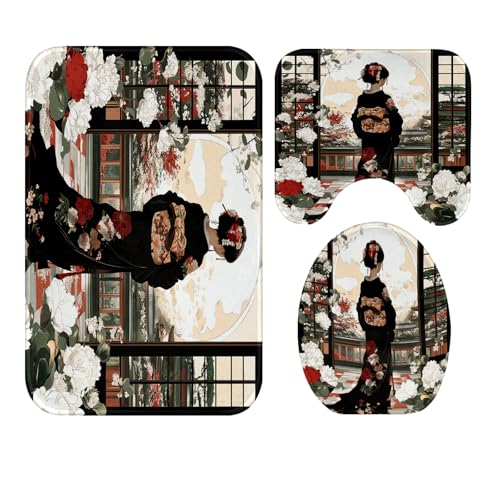 Japanese Geisha 4-Piece Shower Curtain and Non-Slip Bathroom Rug Set