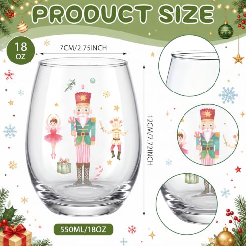 Potchen 4-Pack Pink Nutcracker Stemless Wine Glasses 18oz Christmas Decor