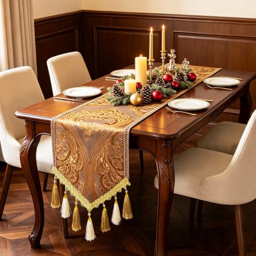 HeMiaor Gold Versailles Damask Embossed Table Runner 87 inches
