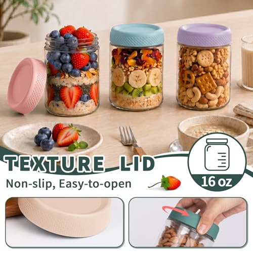16 oz Glass Mason Jars with Airtight Lids - 6 Pack Overnight Oats Containers