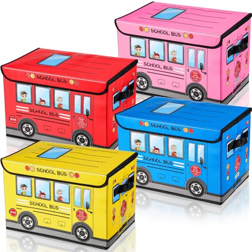 4-Piece Foldable Toy Storage Chest Set - Cartoon Bus Design for Kids