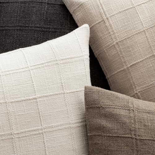 Linen Check Throw Pillow Covers Set of 2, 20x20 Inch - Natural Beige