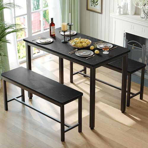 Space-Saving 3-Piece Dining Table Set for 4 with Benches