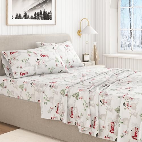 Great Bay Home California King Christmas Flannel Sheet Set - 100% Turkish Cotton, Double-Brushed, Winter Wonderland