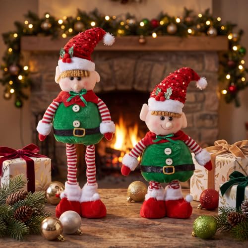 Capoda 2 Pack Christmas Standing Elf Figures - Adjustable Plush Holiday Decor