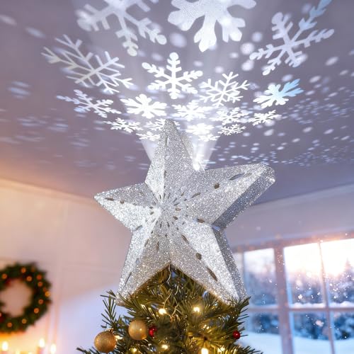 Lighted Christmas Tree Topper - 3D Silver Star with LED Snowflake Projector