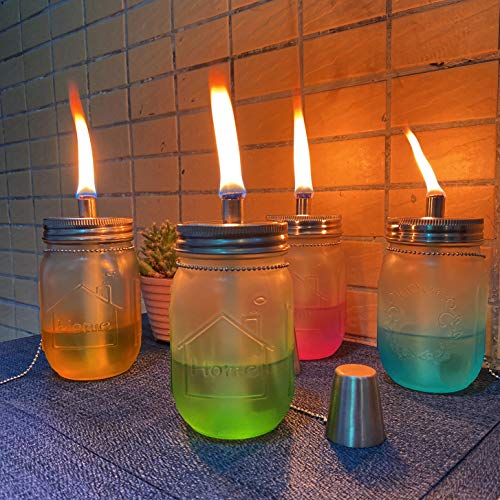 Mason Jar Tabletop Torch Kit - 6 Pack with Lids, Wicks & Caps
