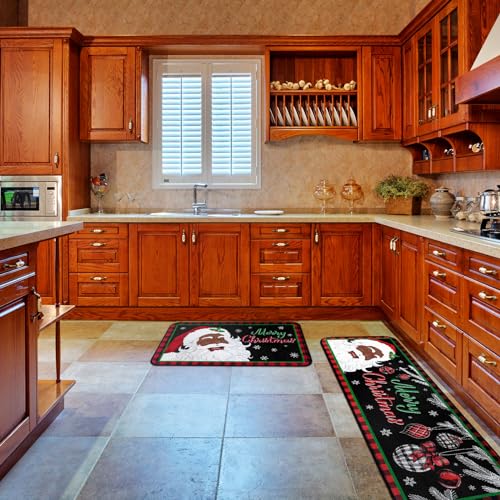 2-Piece Black Santa Christmas Kitchen Rug Set, Non-Slip Washable Mats