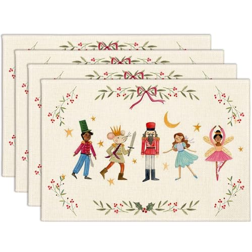 OTOSTAR Nutcracker Christmas Placemats Set of 4 - 12x18 Inch Holiday Table Mats Beige