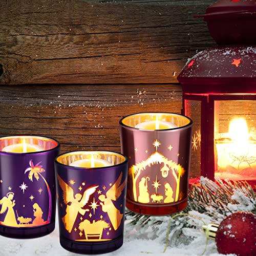 Nativity Scene Glass Advent Tealight Candle Holders - 4 Pack (Purple & Pink)