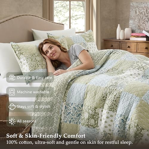100% Cotton Reversible Quilt Set - Queen Size Floral Bedspread with 2 Shams