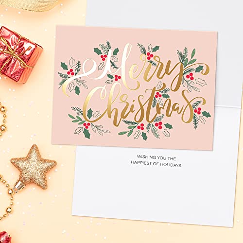 24 Gold Foil Christmas Cards Set with Red Envelopes - Holiday Greeting Cards
