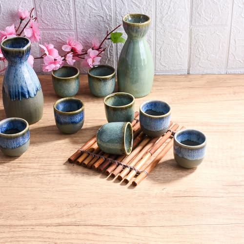 Swlthwen Green Japanese Sake Set of 5 Ceramic Pot & Cups - 300ml with 4 x 50ml Cups