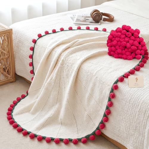 Red Rose Crochet Flower Bouquet Blanket 31 Inch Romantic Gift for Women