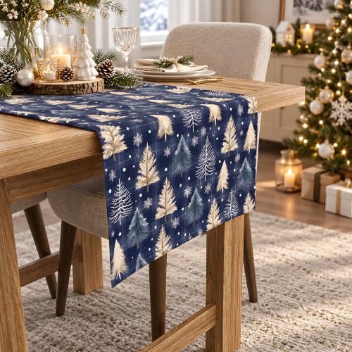 OHOME Navy Blue Xmas Tree Snowflake Winter Table Runner - Christmas Decorations, 73x13 inches, Festive Table Decor