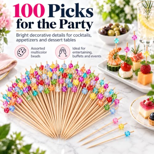 Multicolor Crackle Bead Cocktail Picks - 100 Pack Long Bamboo Appetizer & Garnish Skewers