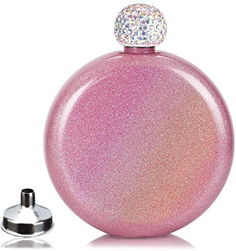 Pink Glitter Liquor Flask for Women 5oz Stainless Steel Rhinestone Cap Junya