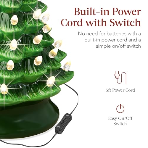 15in Ceramic Christmas Tree with Warm White Lights & Star Toppers - Green, Hand-Painted Holiday Decor