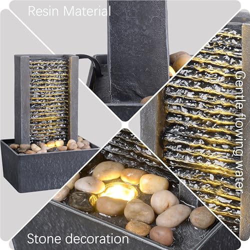 Modern Tabletop Water Fountain with Warm LED Light & Natural River Rocks