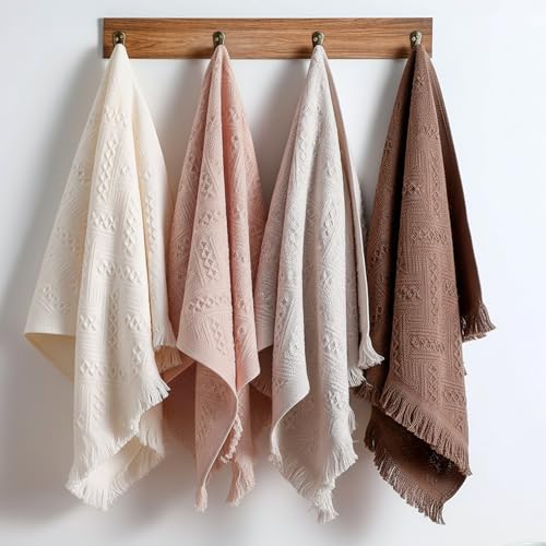 4-Pack Boho Cotton Hand Towels - Decorative Jacquard Fringe Bath Towel Set