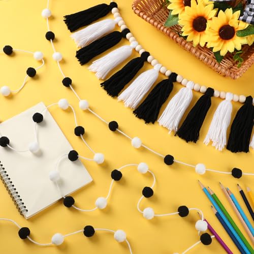 Black and White Tassel and Felt Pom Pom Garland Set for Party Decor